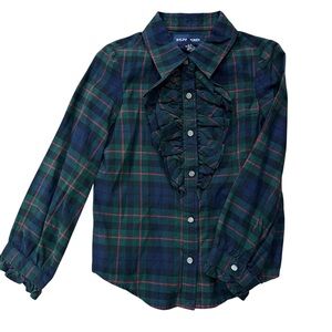 Ralph Lauren Blue Green Plaid Ruffle Trim Georgette Blouse Button Down Sz 4T